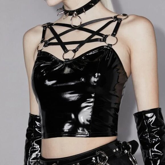 Widow Dolls Kill Drink Of The Divine PVC Crop Top Black Medium - Picture 2 of 6